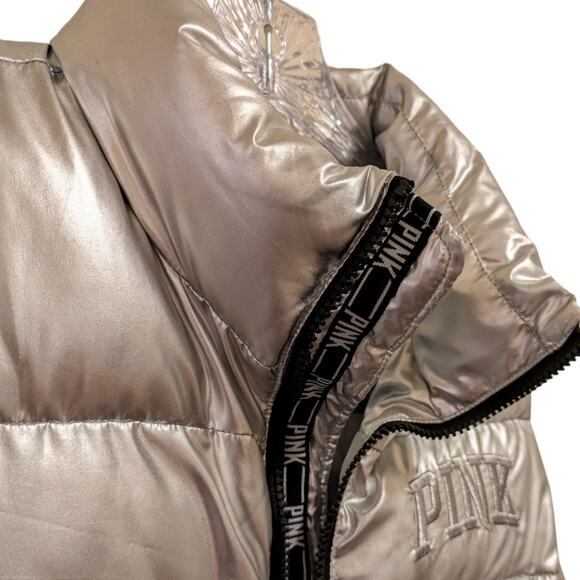 PINK Victoria's Secret Zip Up Puffer Vest Love Pink Silver Metallic Women's M - Picture 9 of 11